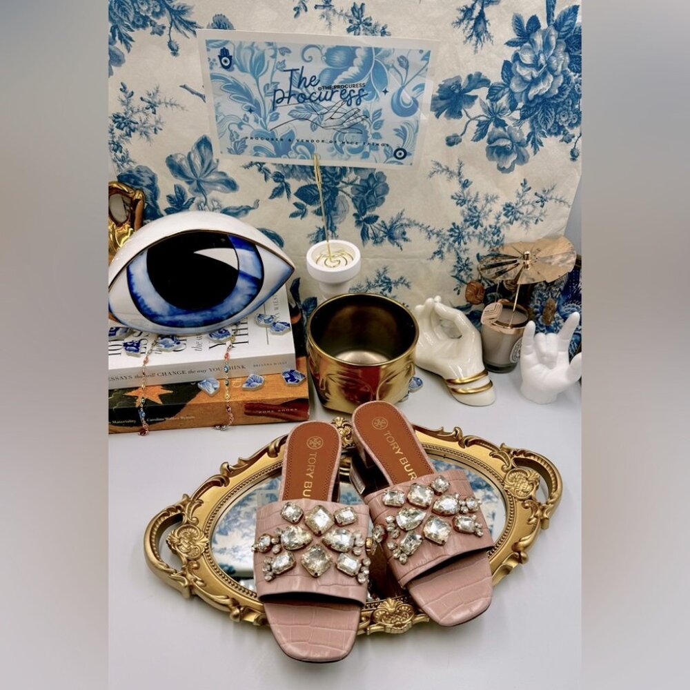 🆕 TORY BURCH 🧿 NWOT Martine 25mm Slides, Pink Croc Embossed Crystal Embellish - Picture 2 of 15